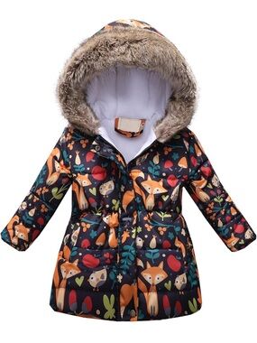 NWT Girl’s Hooded Puffer Jacket Woodland Fox Print Size 8
